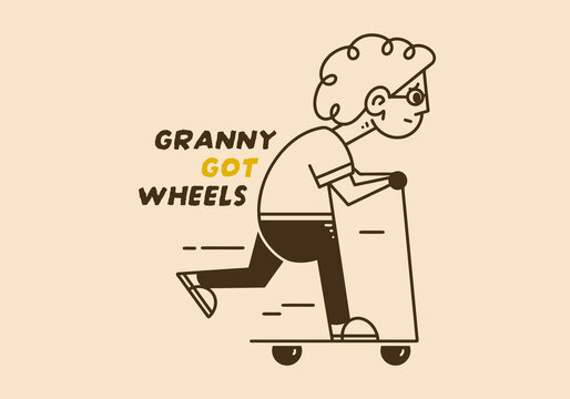 Funny Granny Riding Mobility Walker With Retro Wheelchair Humor