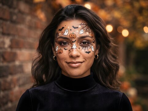 Young woman with cute halloween temporary tattoos on her face looking at the camera
