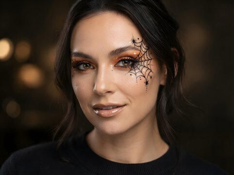 Young woman with spider web makeup and dark eyes for a spooky halloween celebration