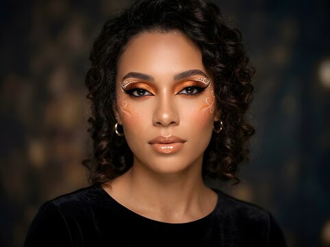 Beautiful young woman with curly hair and creative golden eye makeup portrait