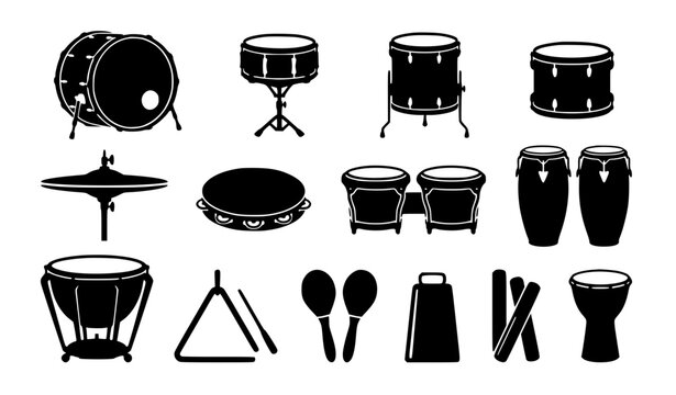 Percussion Musical Instruments Silhouette Collection with Drums Cymbals and Hand Percussion