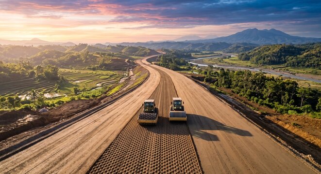 Two compactor rollers working on a wide highway earthwork construction site at sunset