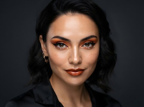 Portrait of a beautiful woman with artistic orange eyeshadow and dark makeup look