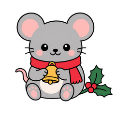 Naklejka premium Christmas mouse bell holly illustration with red scarf and pink ear, cheerful holiday character on transparent background