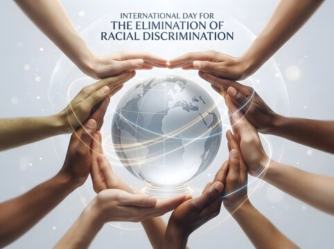 Diverse group of hands holding a glass globe for international day of racial equality