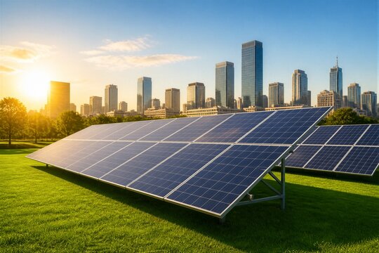 Solar panels gleam under golden sunrise light. Modern city skyline rises behind lush green field. Clean energy meets urban progress in this tranquil scene. Sunrise casts warm glow over technology