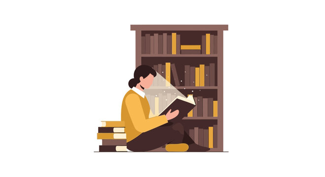 Minimalist Vector Illustration of a Woman Reading a Glowing Book in Front of a Bookshelf, Concept of Education, Knowledge, and Imagination