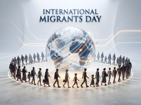 International migrants day concept with a group of people walking around the world globe