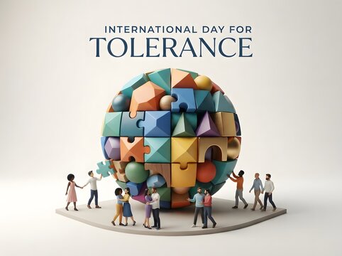 International day for tolerance concept with people building a colorful puzzle globe