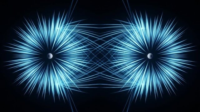 暗黒の空間で量子もつれのコアが励起し青とシアンの光の波を放つ対称的な抽象背景動画