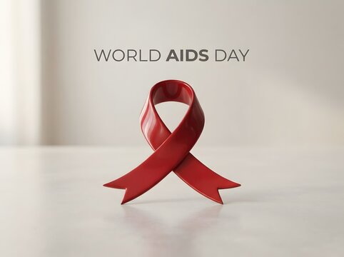Red awareness ribbon for world aids day on a simple surface with soft lighting