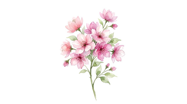Watercolor illustration of pink cherry blossom flower branch with watercolor illustration painting
