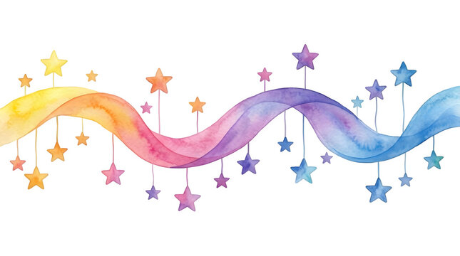 Watercolor painting of colorful wavy ribbon banner with hanging stars watercolor colorful