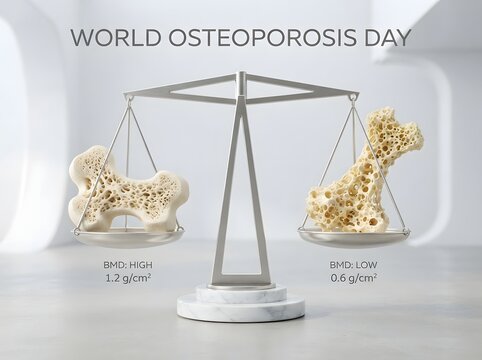 World osteoporosis day concept with human bone density comparison on a balance scale