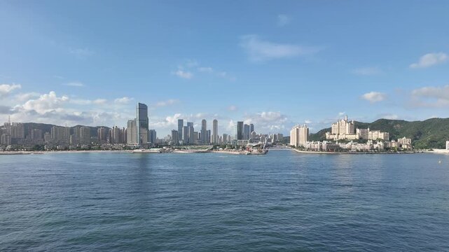The city coastline and skyline on a sunny day in Dalian of China.