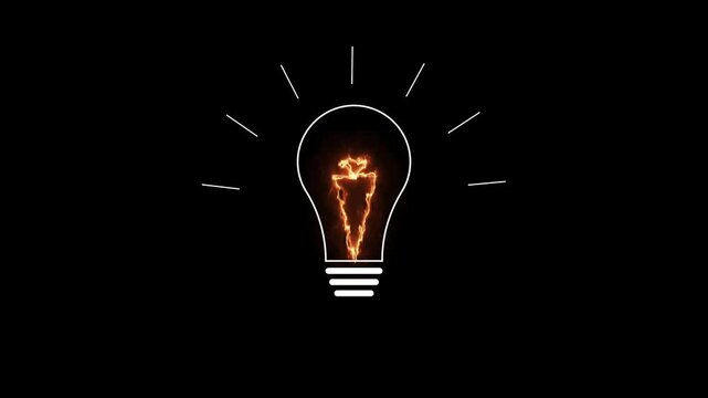animated glowing light bulb vector line icon with burning fire flame filament and shining burst rays creative idea motion graphics background.