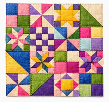 A colorful handmade patchwork quilt featuring vibrant geometric blocks and intricate star patterns, isolated on a clean white background.