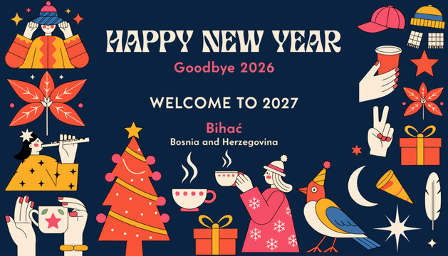 Happy New Year 2027 - Festive Greeting with Christmas Tree, Gifts, and People in Bihac, Bosnia and Herzegovina