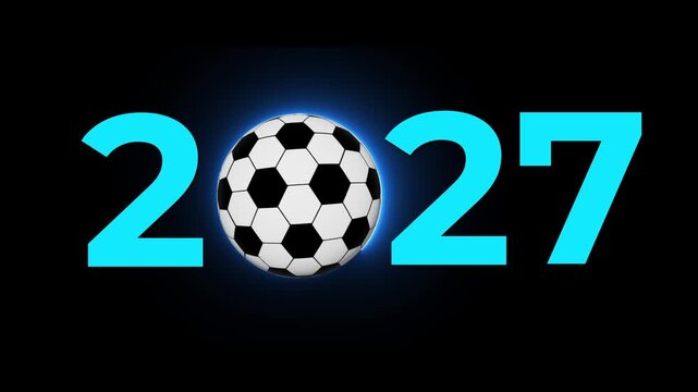 animated glowing blue neon stroke line rotating around soccer ball icon with bold white year 2027 text vector sports background loop.