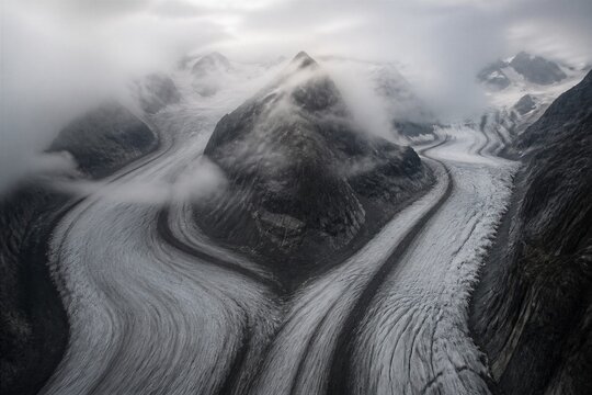 Misty clouds drift over rugged mountain peaks. Glacial ice carves winding, textured paths through valleys. Dark rock contrasts sharply with the flowing, frosted surface