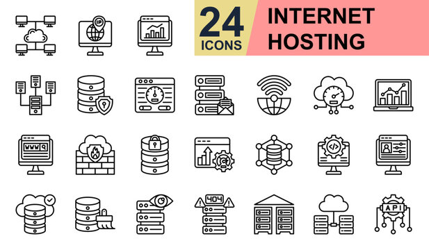 Internet Hosting Icons set vector illustration. Containing Cloud Network, Hosting Security, Internet Access, Bandwidth, Data network and more. Simple line icons collection.
