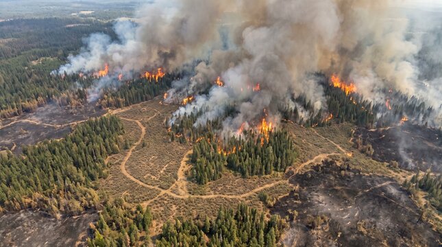 Aerial view of a massive wildfire burning through a dense pine forest.