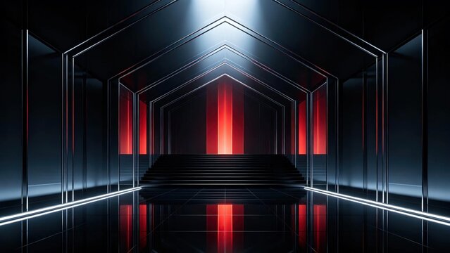 Empty futuristic symmetrical corridor with glowing white neon lines and red vertical lights on black reflective floor shows modern futuristic architectural event display space