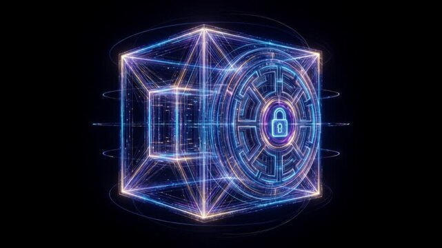 暗黒の空間で混沌としたデータの光線が強固なハイパーキューブ型の金庫へと構築される暗号化の抽象的な背景動画