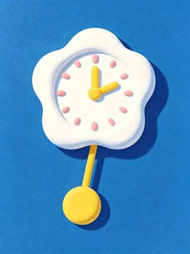 Cute 3D plush flower shaped wall clock with yellow hands and pendulum on solid bright blue background shows playful fun minimalist time keeping decor design