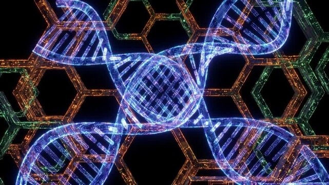 暗黒の空間で混沌としたデータの光線が強固なDNA二重螺旋とハニカム構造へと構築される暗号化の抽象背景動画