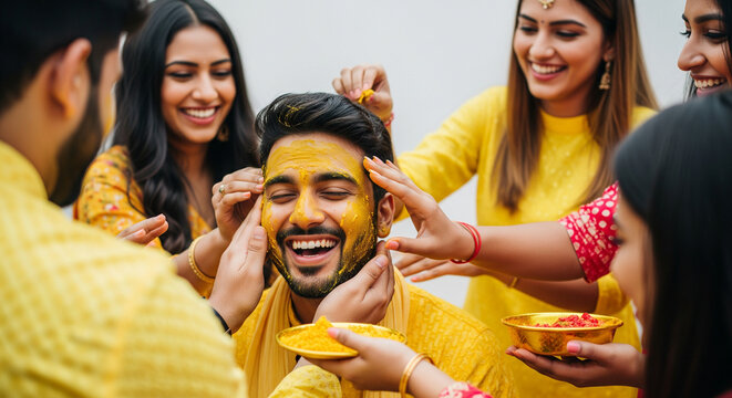 Happy Indian groom celebrating traditional Haldi ceremony with family and friends