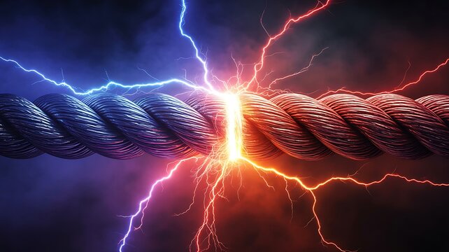 Electrical energy concept with glowing lightning striking twisted power cables