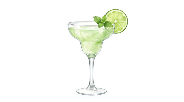 Fresh margarita cocktail in a glass with lime slice and mint leaf garnish margarita cocktail