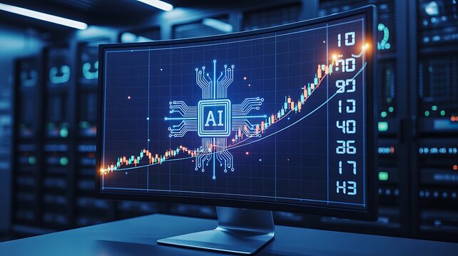 Artificial intelligence financial analytics with rising stock market chart on computer screen