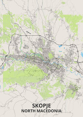 Fototapeta premium Detailed road map of Skopje in North Macedonia showcasing central urban streets, the Vardar river, surrounding mountain terrain, green parks, and highway bypasses.