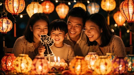 Naklejka premium Happy Asian family celebrates birthday at night with colorful lanterns. Smiling parents, young son enjoy party with cake, shadow puppets. Warm light creates festive atmosphere during joyful home