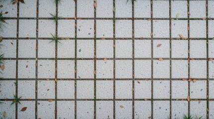 Obraz premium Top view of light gray stone tiles. Square paving pattern covers ground with small brown leaves, green grass growing between cracks. Neutral urban texture shows outdoor floor surface with natural