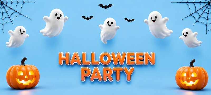 Cute cartoon ghost characters floating above halloween party text with pumpkins