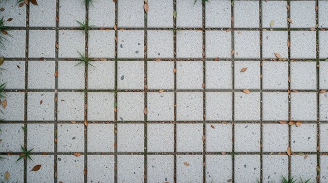 Top view of light gray stone tiles. Square paving pattern covers ground with small brown leaves, green grass growing between cracks. Neutral urban texture shows outdoor floor surface with natural