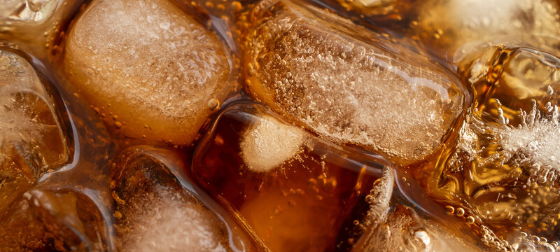 Macro Close Up of cola bubbles and ice cubes background