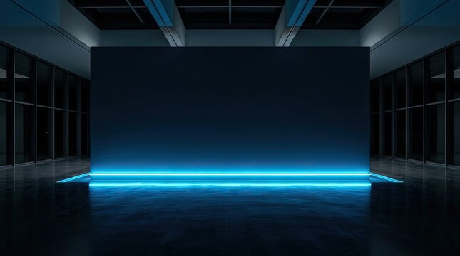 Modern abstract interior with glowing blue neon light and copy space