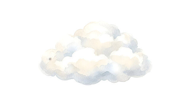 Fluffy white watercolor cloud isolated on a clean white background with watercolor