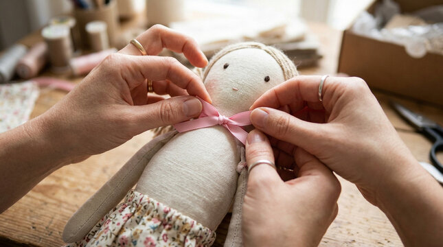 Hands tying pink ribbon bow on handmade fabric doll in workshop