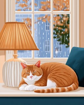 Cosy illustration of a cat curled up asleep on a windowsill on a rainy day