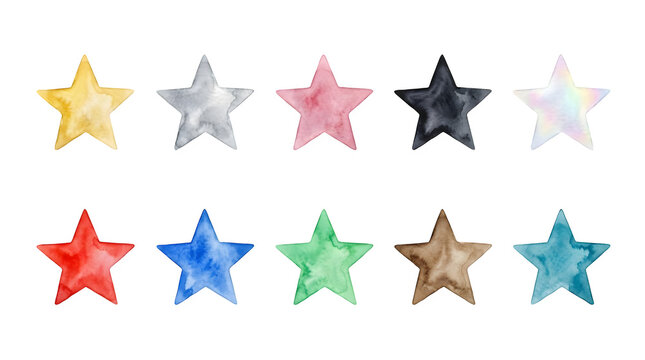 Set of colorful watercolor stars in different hues arranged in rows with watercolor