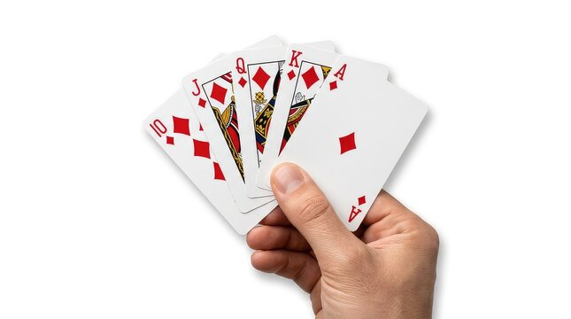 Hand holding a royal flush of diamonds playing cards isolated on white background