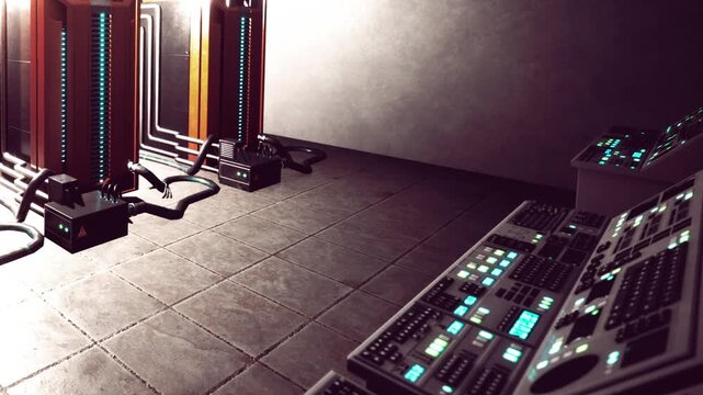An old computer room with two large machines on the floor. Control panels are placed nearby. Cables connect the machines to the panels. The walls are gray.