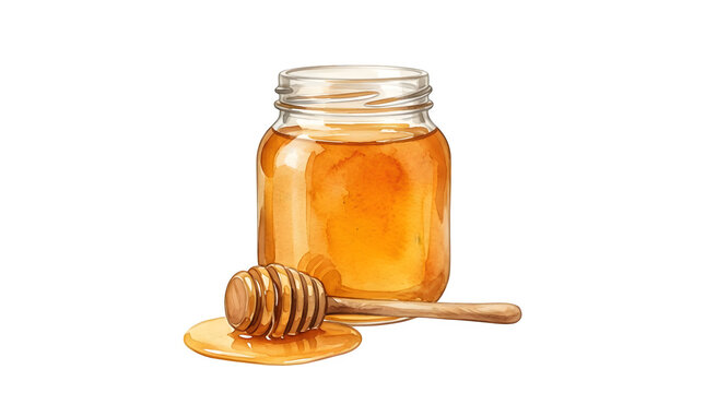 Glass jar filled with golden honey and wooden honey dipper ingredient breakfast nutrition