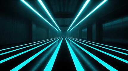 Fototapeta premium Futuristic dark tunnel with glowing cyan neon light stripes and perspective lines