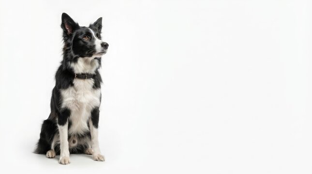 Studio portrait of an attentive black and white border collie dog sitting down against a bright white background with ample copy space area for creative design and marketing layouts